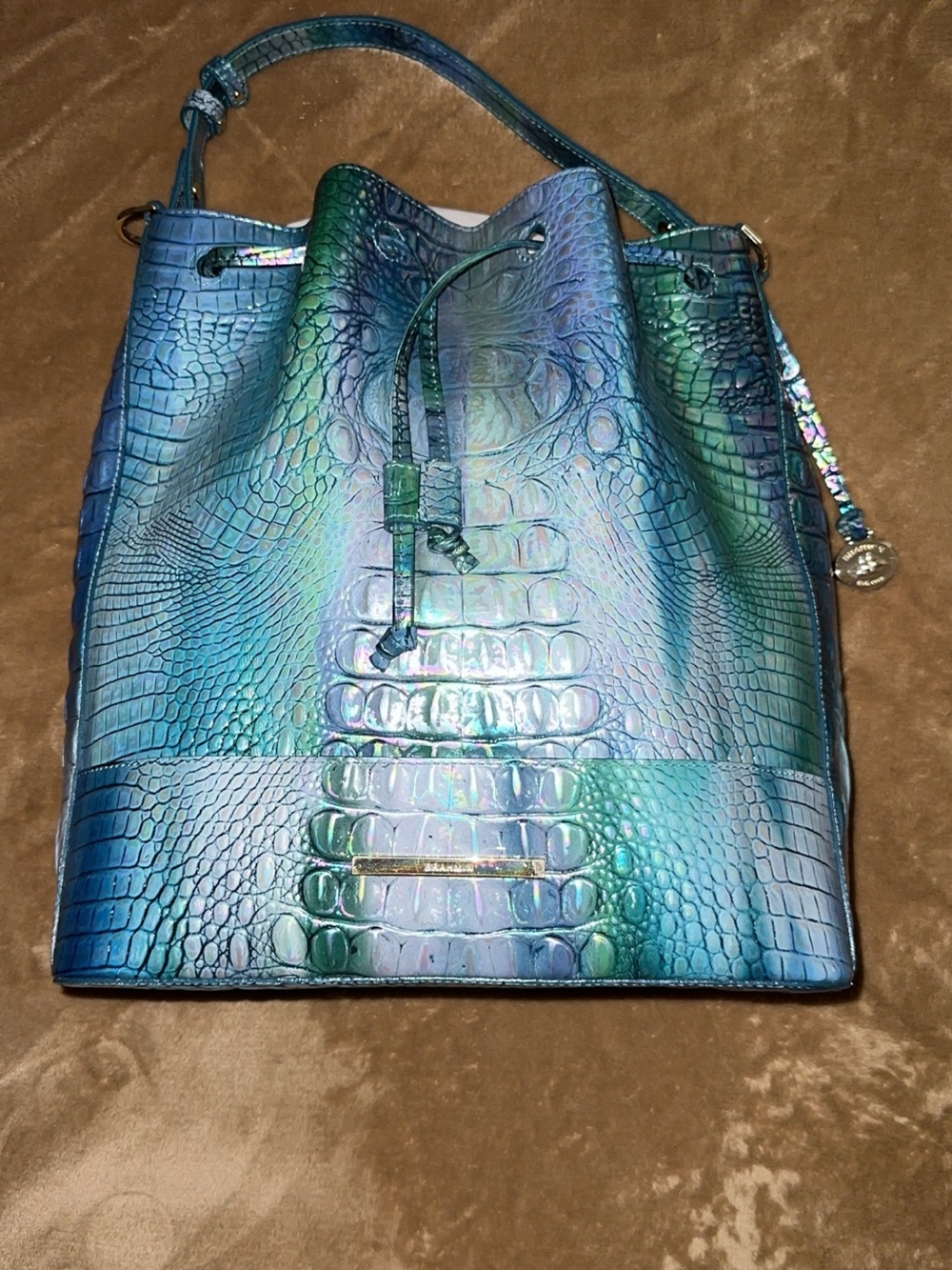 Brahmin Iridescent Teal-Blue Croc-Embossed Bucket Bag